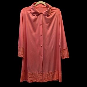 Vtg 60s Henson Kickernick Coral Pink Nylon Robe Housecoat Lace Trim Est. Medium